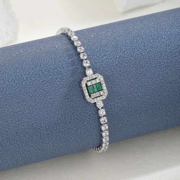 925 Silver 1ct Green Emerald 2ct Diamond Tennis Bracelet Princess Cut Jewelry ct - Picture 8 of 11